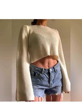 Princess Polly XS/S Ivory Cropped Knit Sweater Bell Sleeve